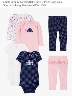 Simple Joys by Carter's Baby Girl 6-Piece Bodysuit & Pants Set - Pink & Navy